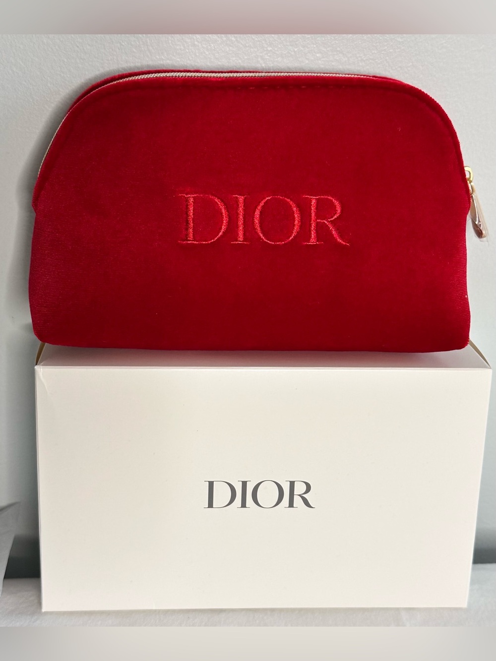 Dior GWP Red Velvet Makeup Pouch with Embroidered Logo new in box